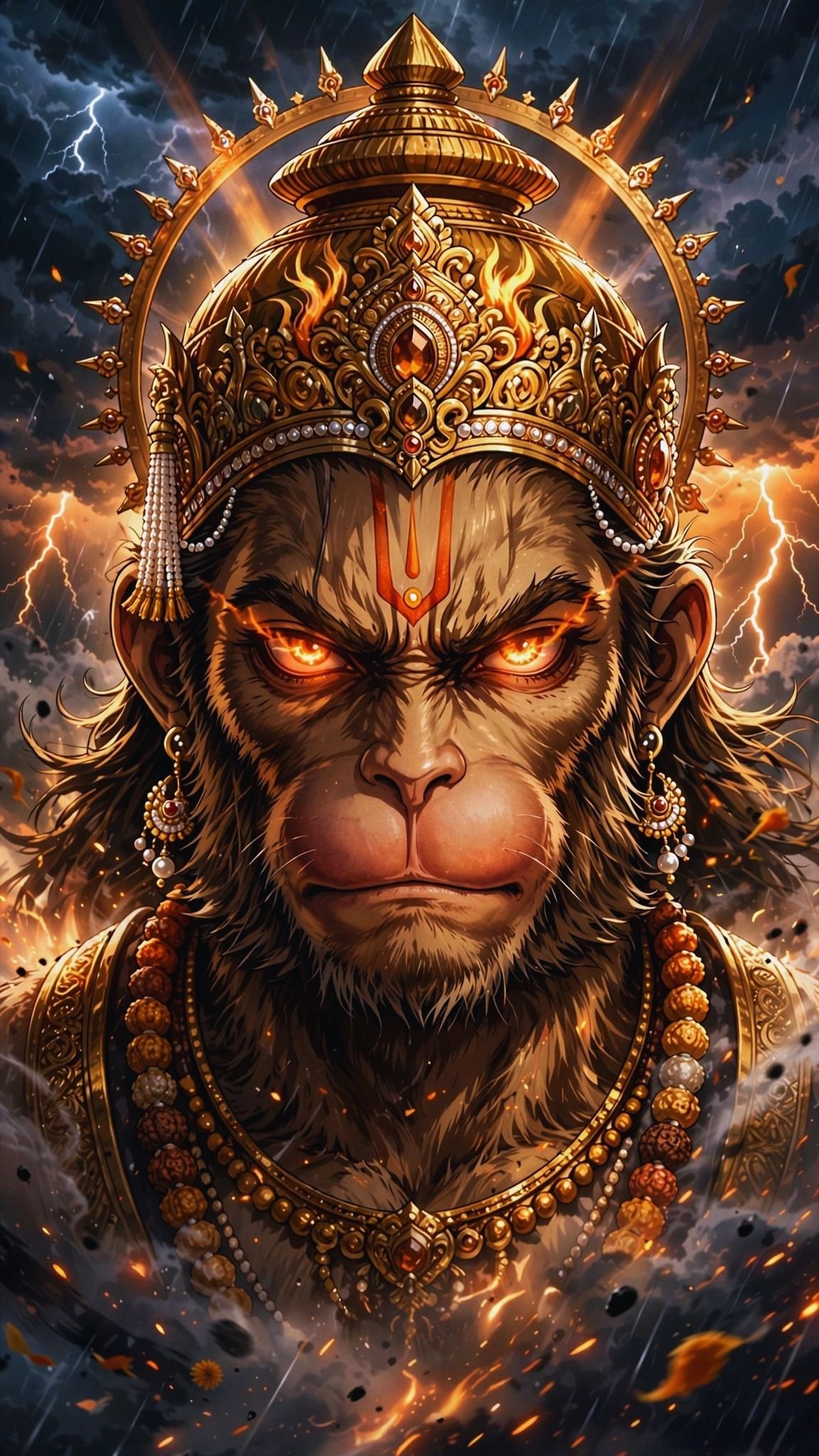 Wrathful Lord Hanuman Wallpaper – Fiery Divine Eyes & Thunderstorm HD 4K
