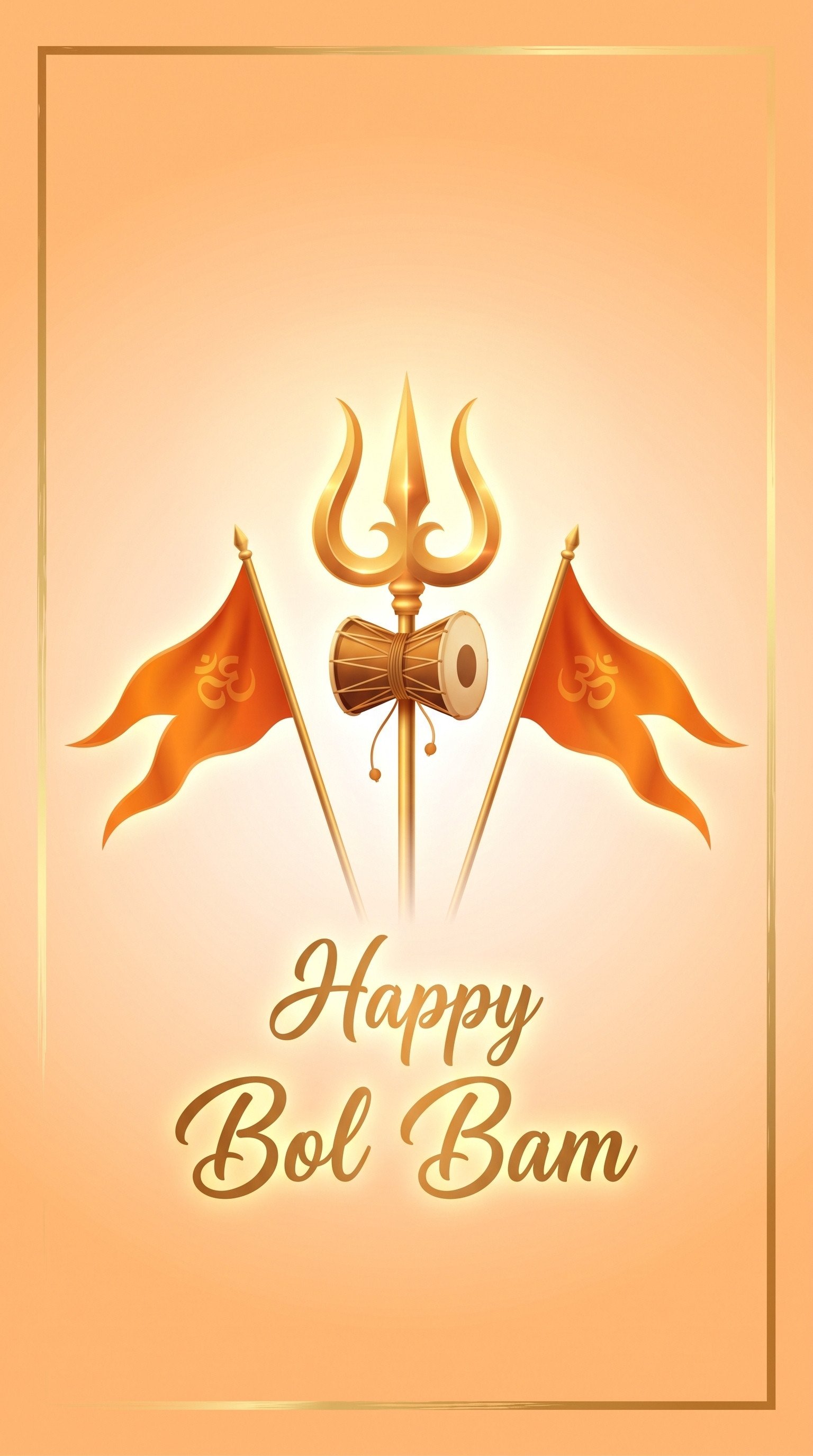 Happy Bol Bam Wallpaper – Golden Trishul, Damru & Om Flags HD Devotional Background