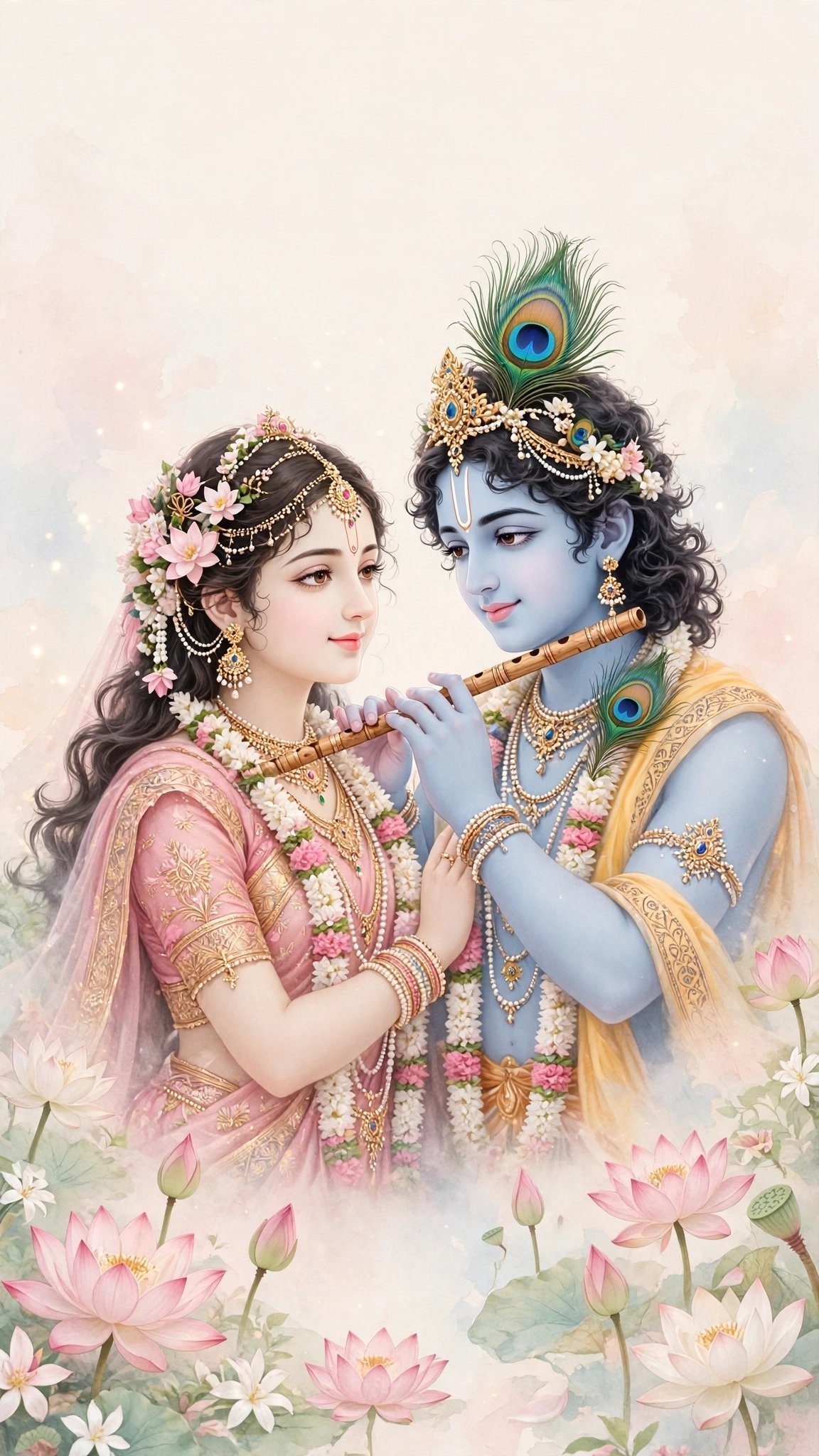 Divine Radha Krishna Wallpaper – Romantic Lotus Garden HD 4K Devotional Art