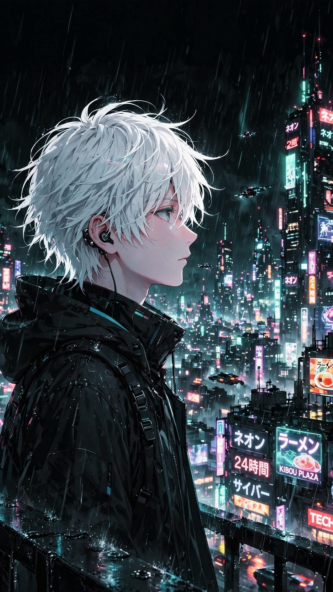 Cyberpunk Anime Boy Wallpaper – Rainy Neon Cityscape HD 4K Aesthetic Background