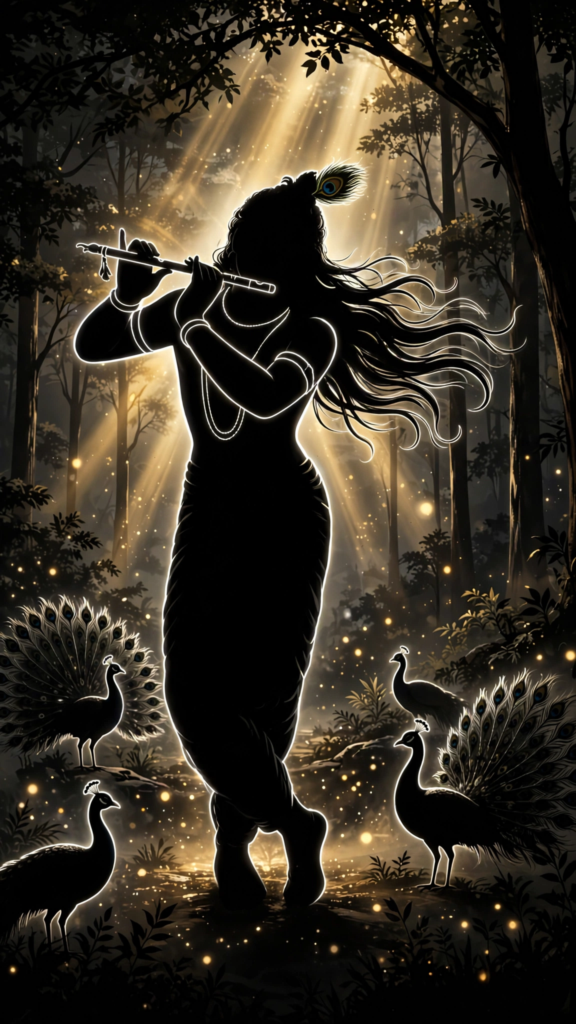 Lord Krishna Silhouette Wallpaper – Divine Flute in the Mystic Forest