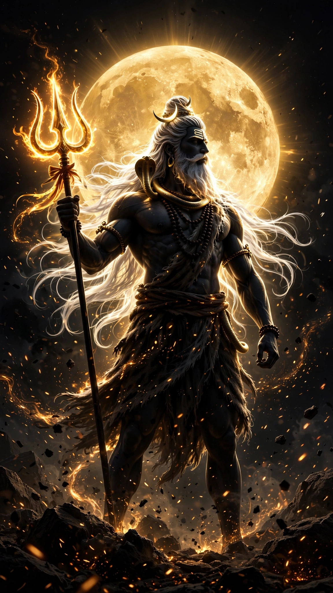 Mahadev Under the Celestial Moon – Epic Lord Shiva 4K Wallpaper with Divine Trishul