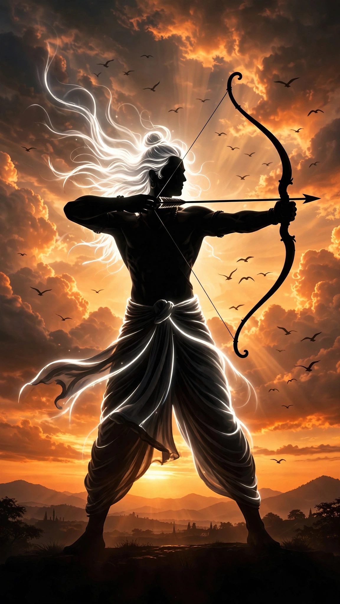 Lord Rama Silhouette at Sunset – Divine Archer 4K AMOLED Wallpaper for Mobile