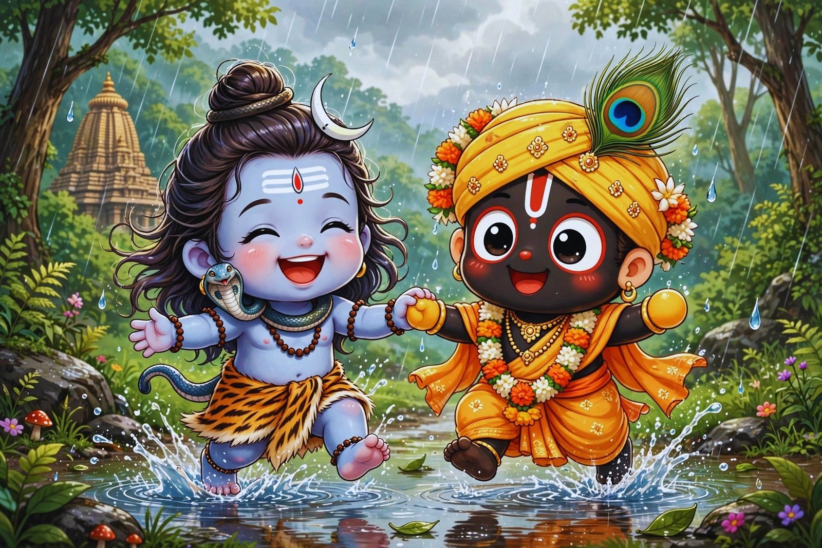 Cute Baby Shiva & Baby Krishna Playing in the Rain