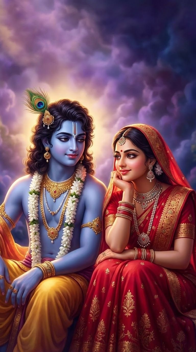 Divine Radha Krishna Under a Dreamy Twilight Sky – Romantic Devotional Art
