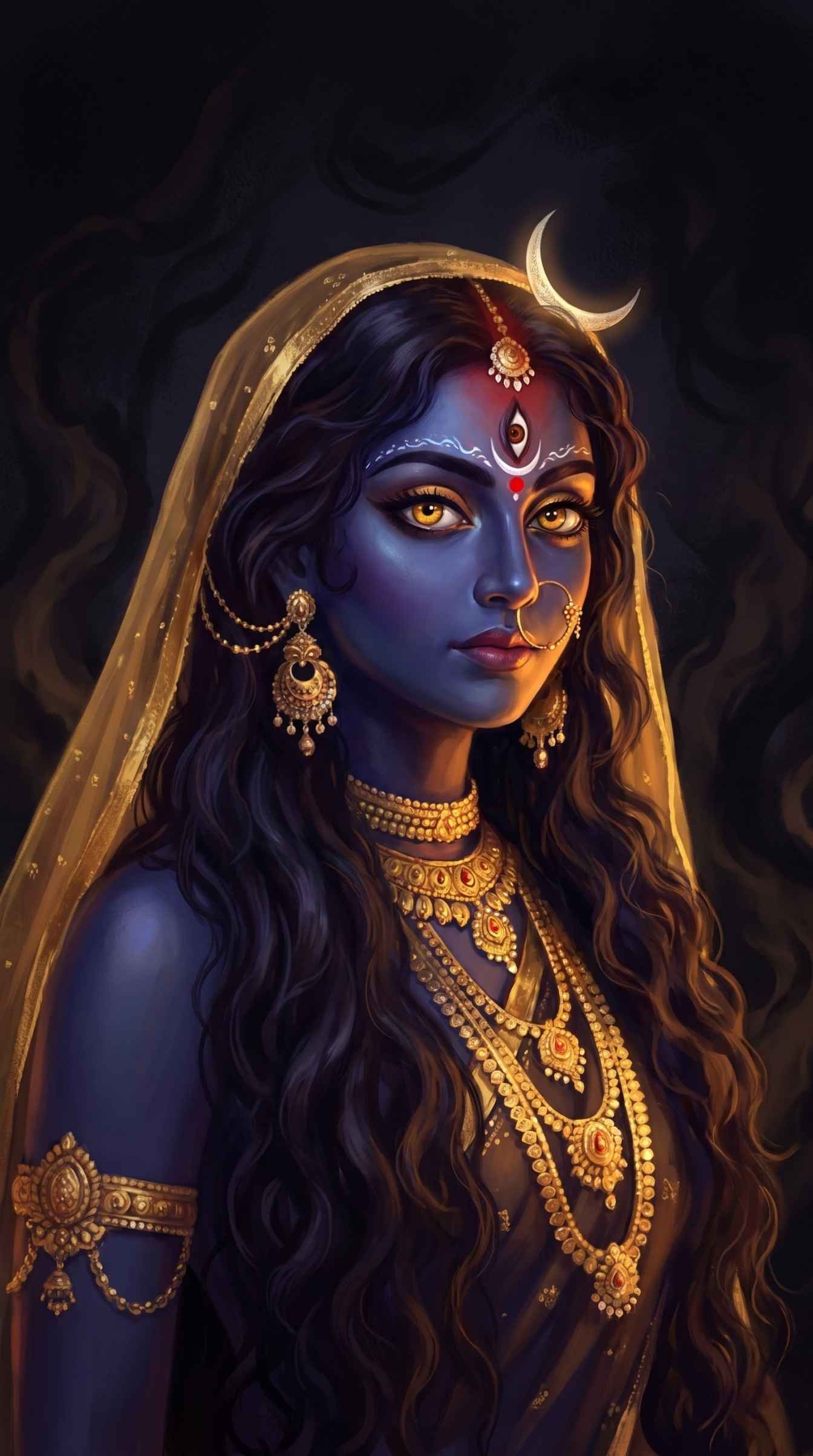 Mystic Goddess with Golden Crescent – Dark Divine Portrait Wallpaper