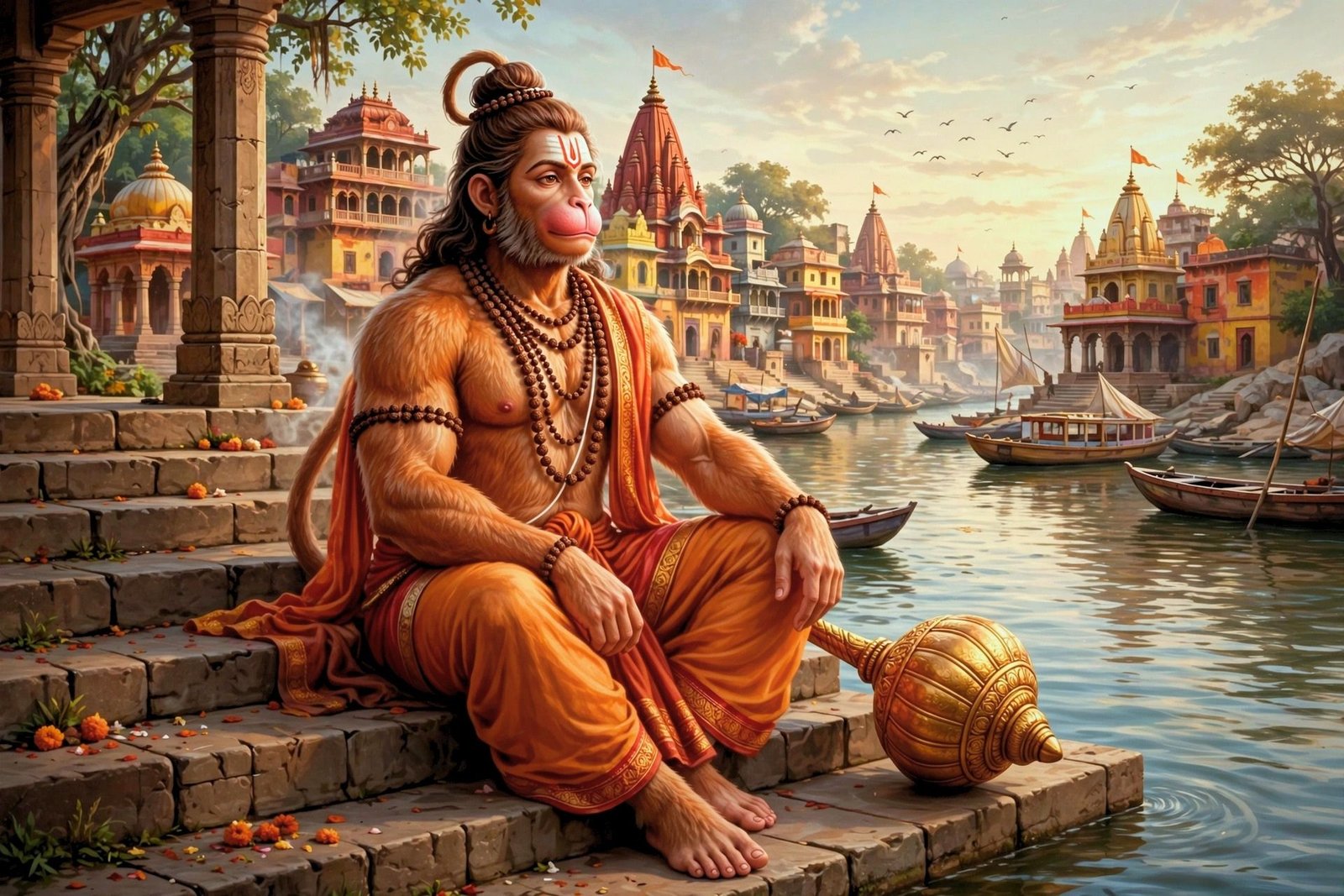 Hanuman Ji by the Sacred River Ghats – Peaceful Temple City Wallpaper