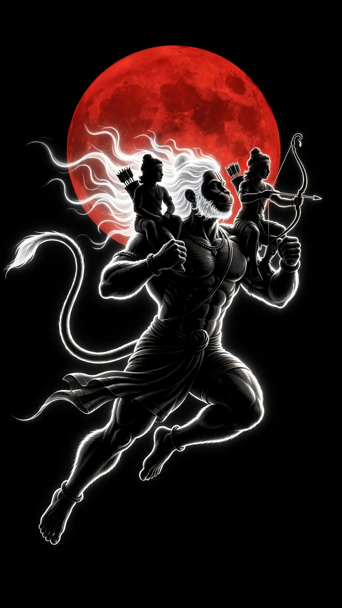 Hanuman Carries Ram and Lakshman Beneath the Crimson Moon