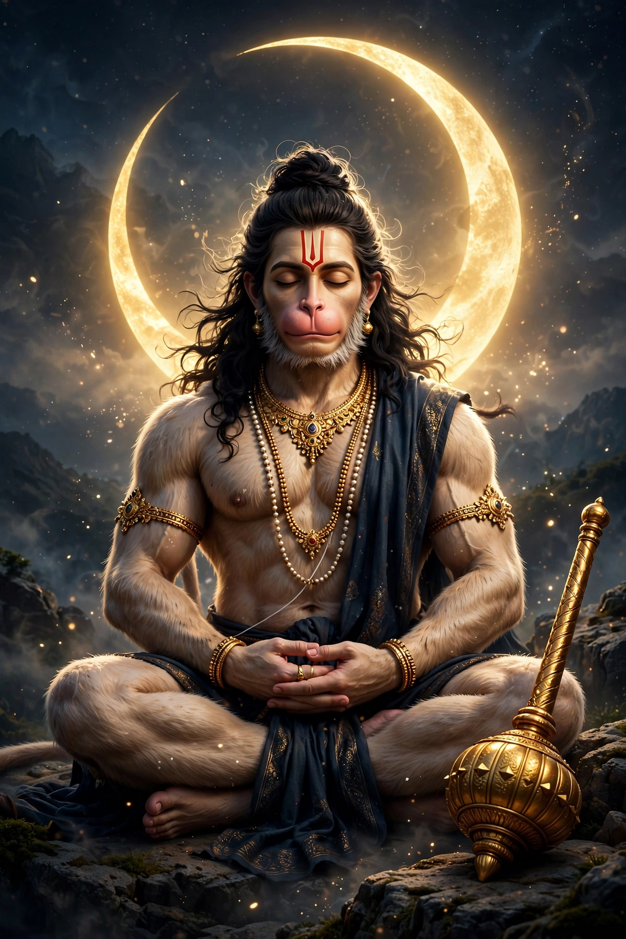 Hanuman in Deep Meditation Under the Celestial Moon