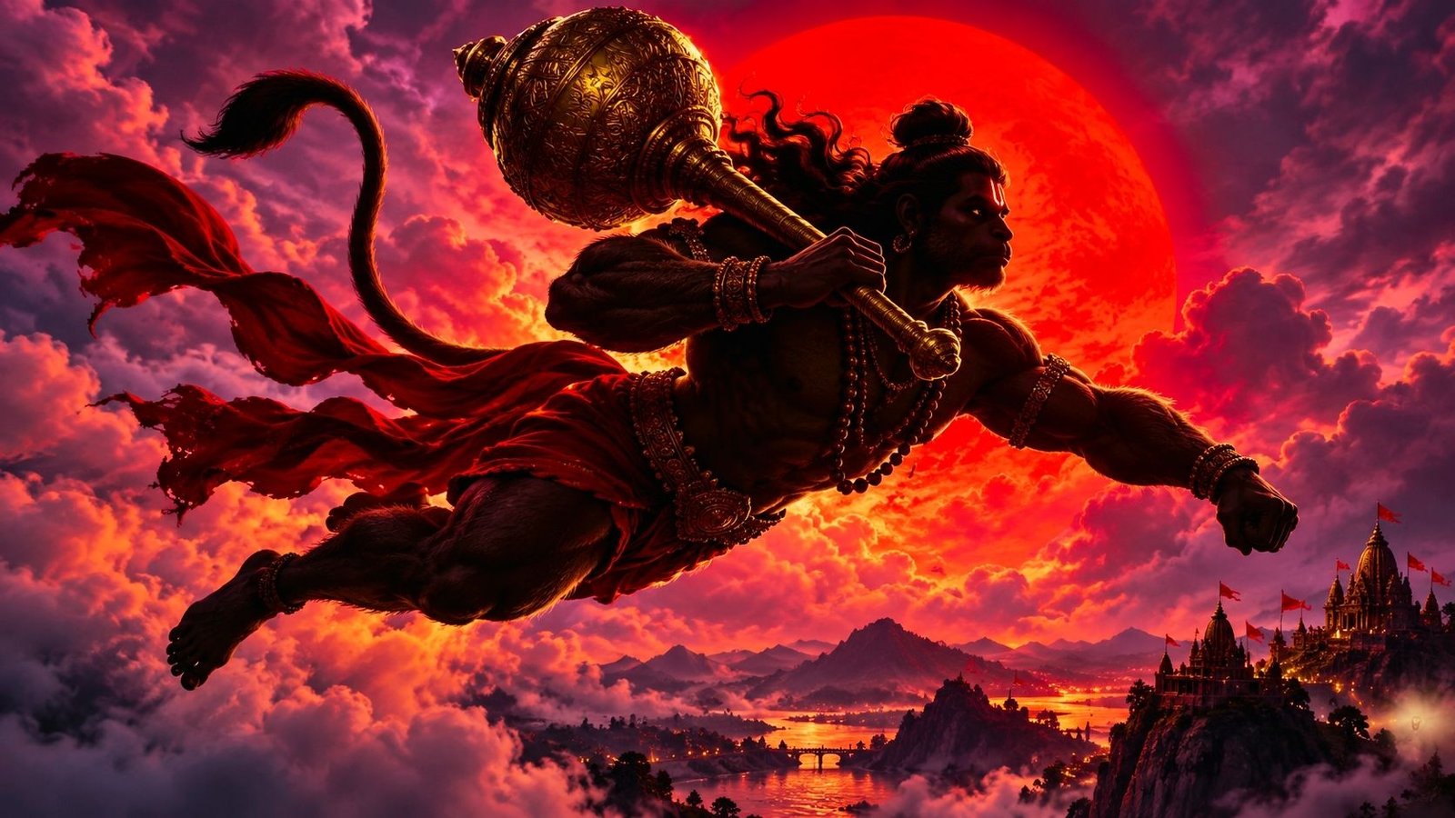 Lord Hanuman Flying with Golden Gada Against a Fiery Red Sun