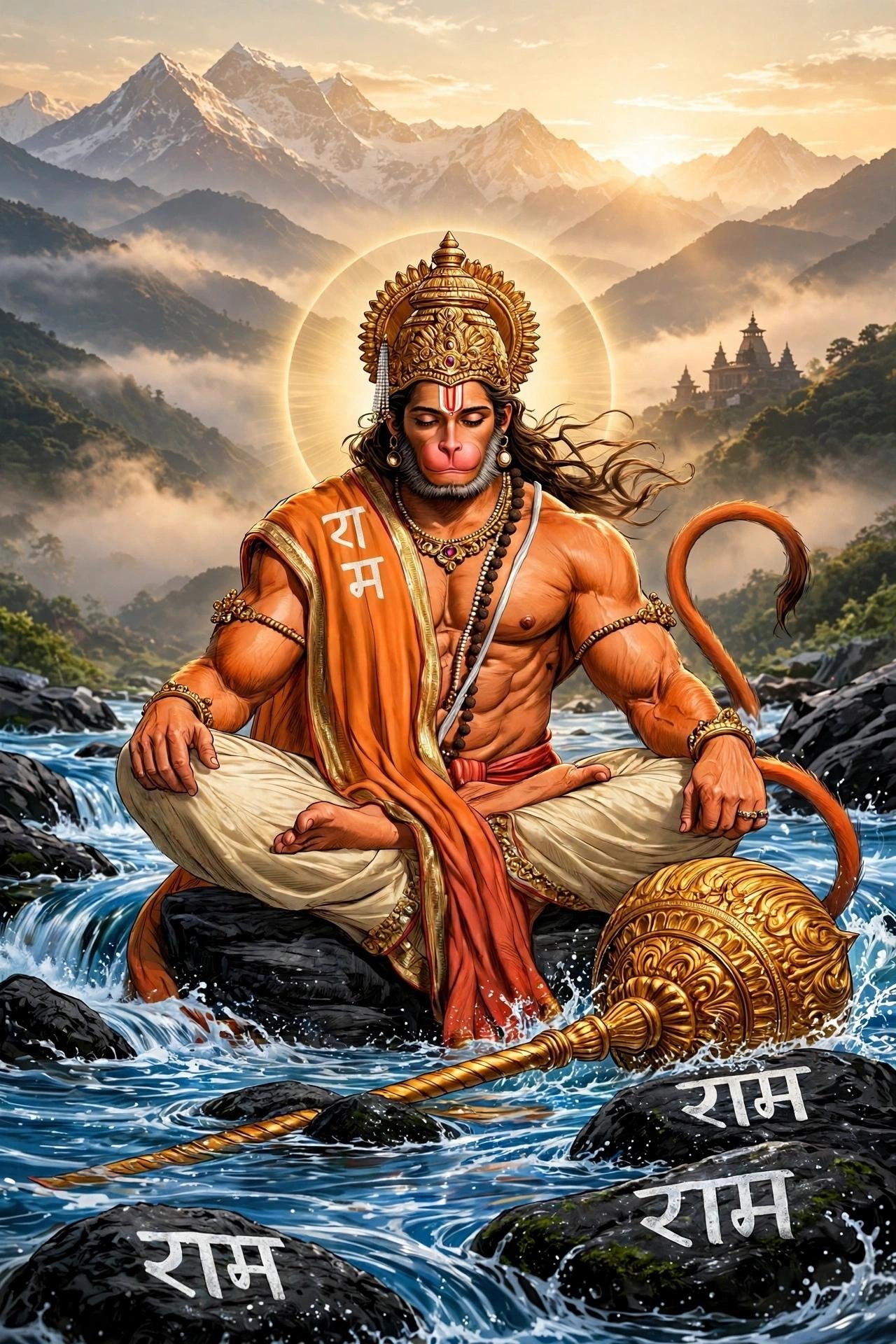 Divine Lord Hanuman Meditating Beside a Mountain Stream