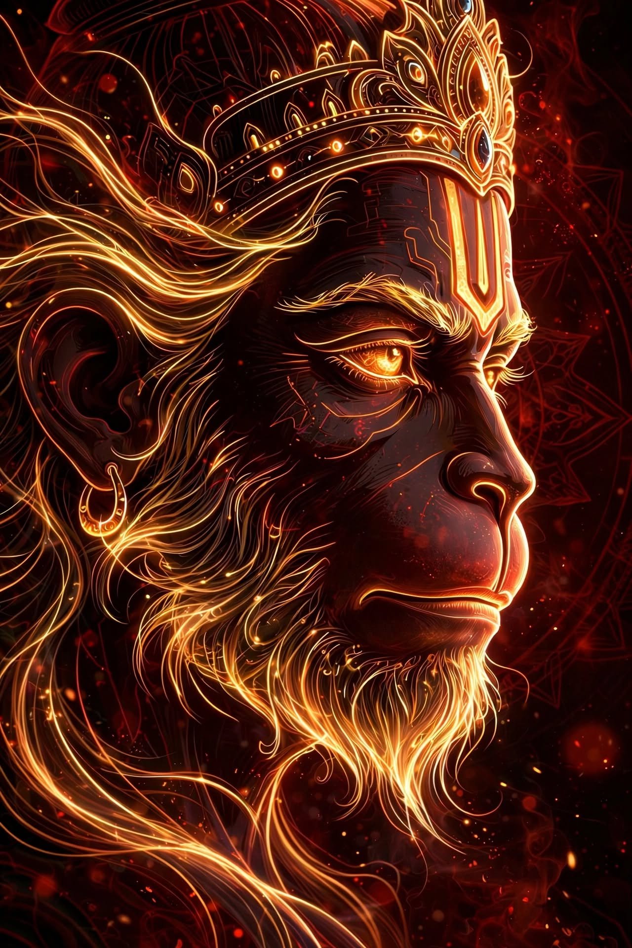 Radiant Hanuman Portrait with Fiery Golden Aura