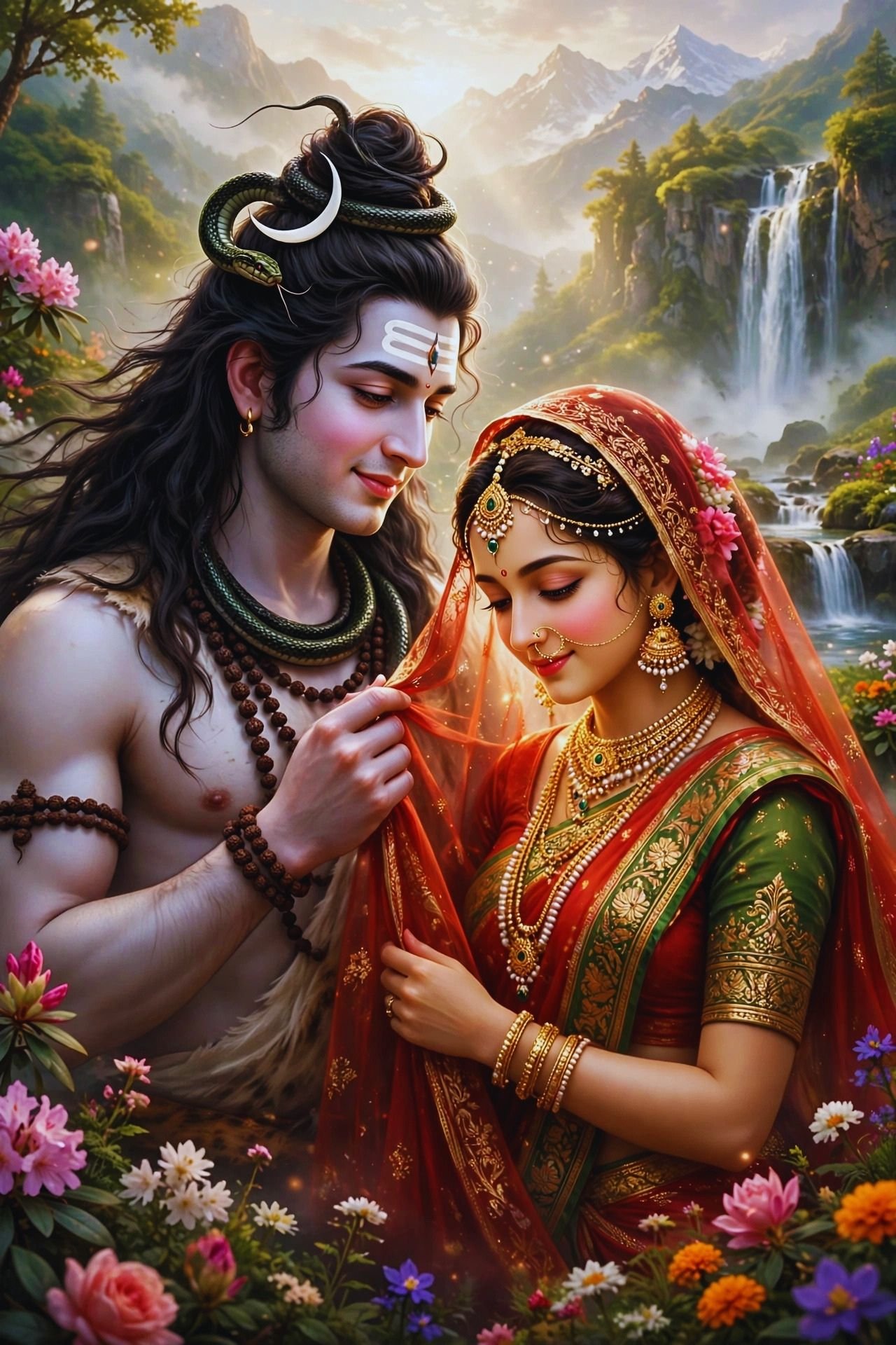 Divine Shiva and Parvati in a Serene Himalayan Garden