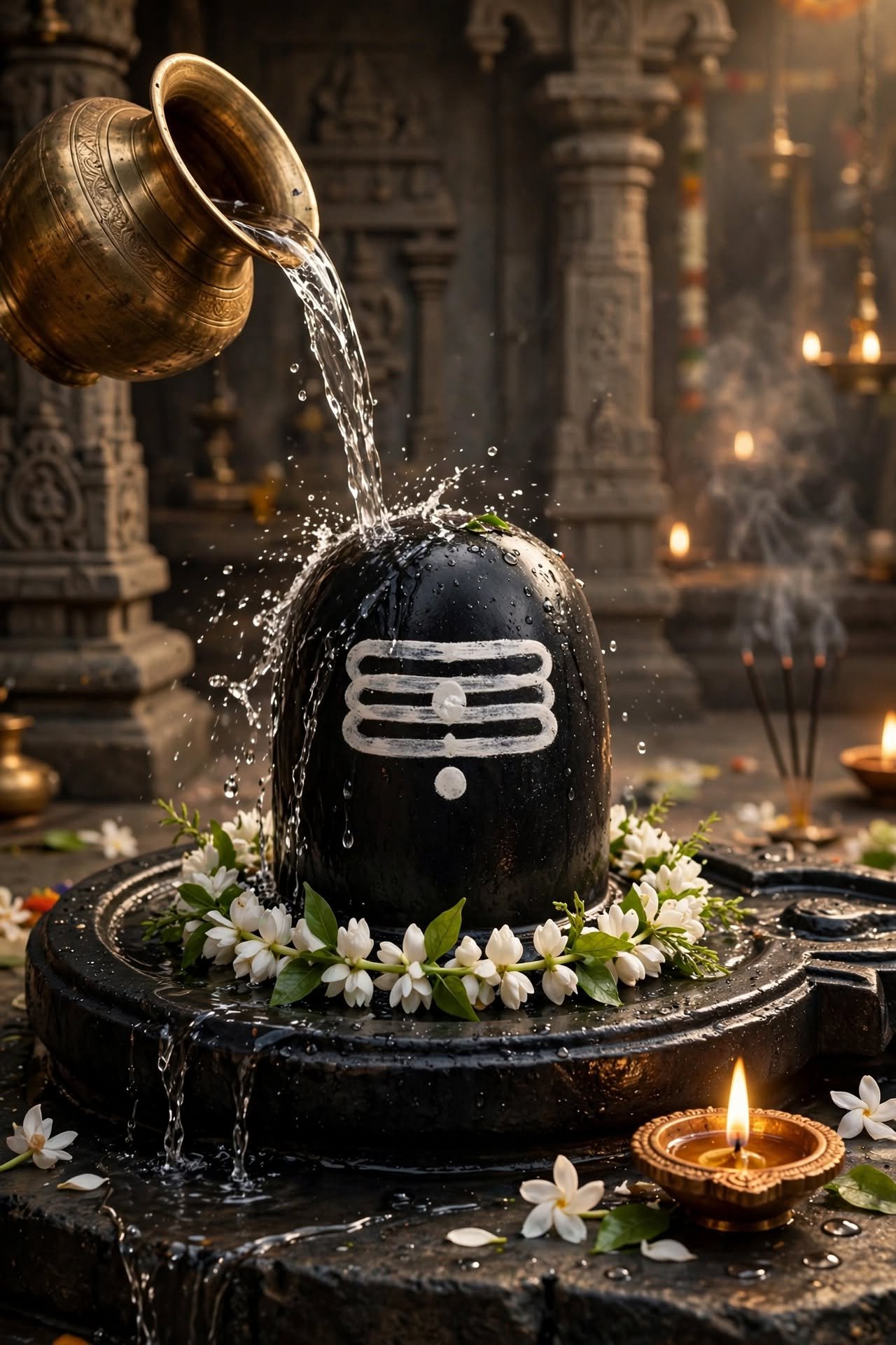 Sacred Shiva Lingam Abhishekam in a Temple Sanctuary