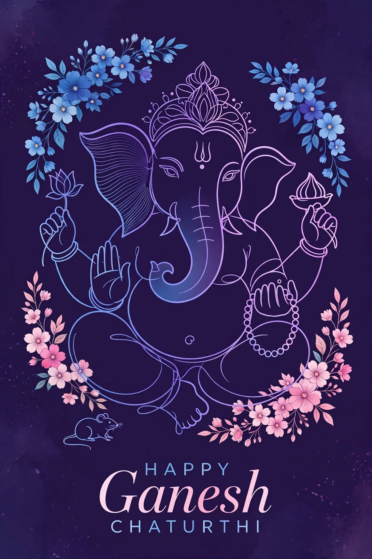 Elegant Ganesha Line Art with Floral Decorations on Dark Purple Background