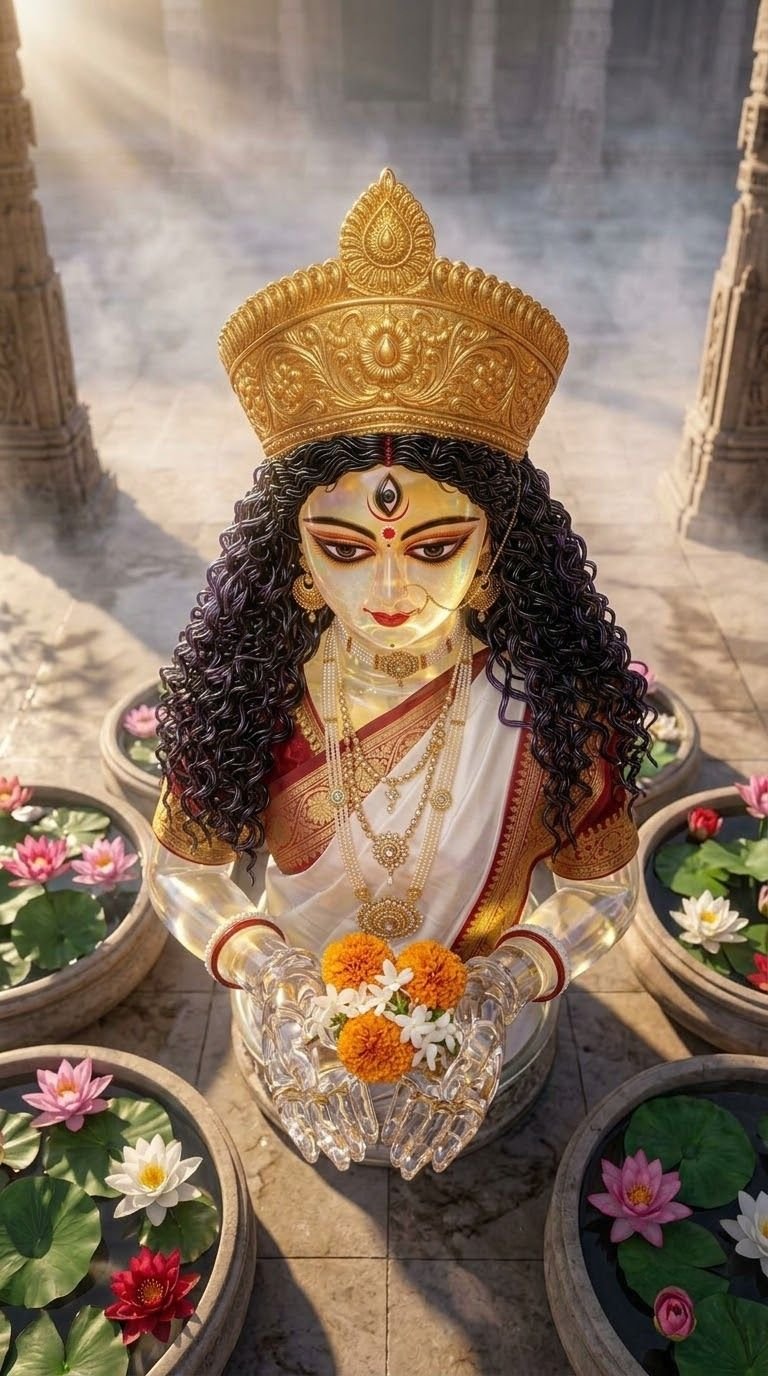 Divine Goddess Durga Idol with Golden Crown and Flowers in a Sacred Temple Setting