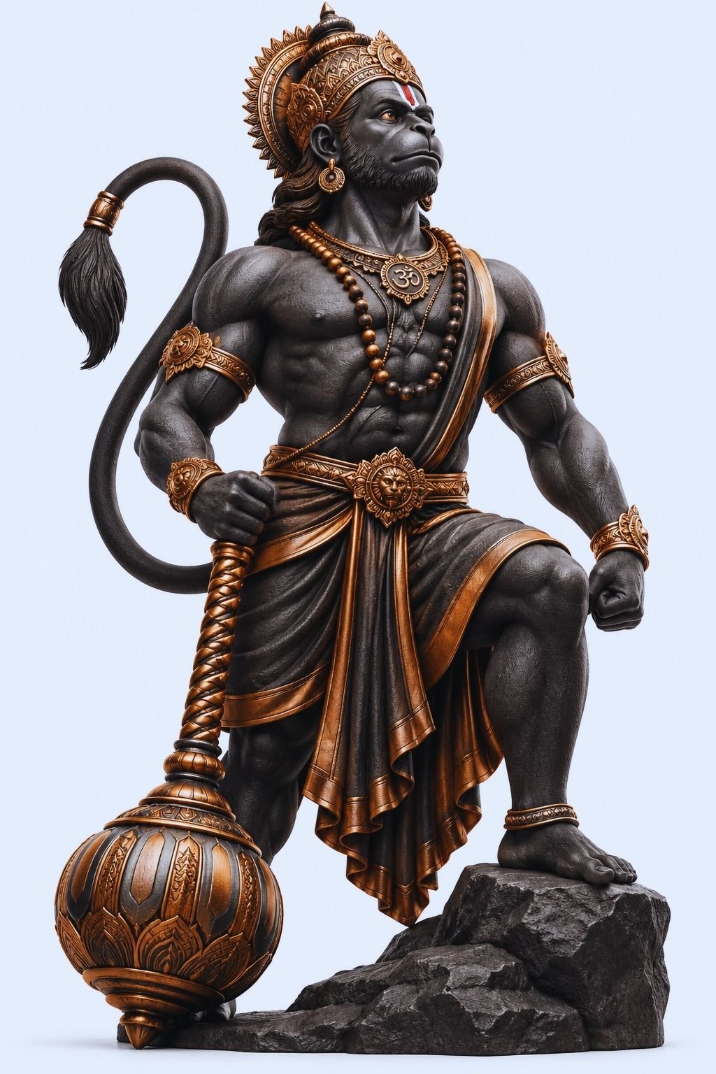 Powerful Lord Hanuman Statue with Golden Ornaments and Gada