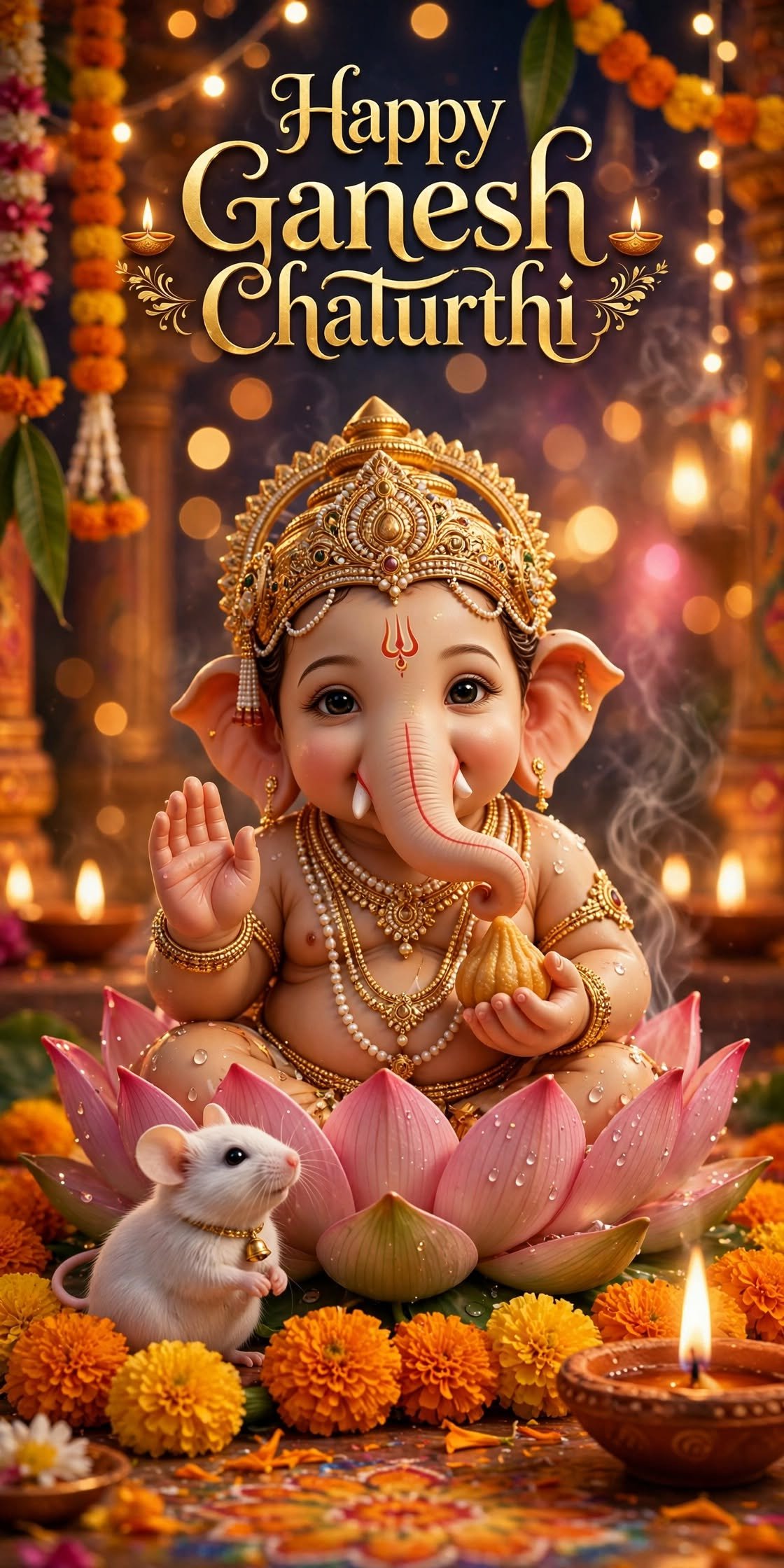 Adorable Baby Ganesha Sitting on a Pink Lotus with Marigold Flowers and Diya
