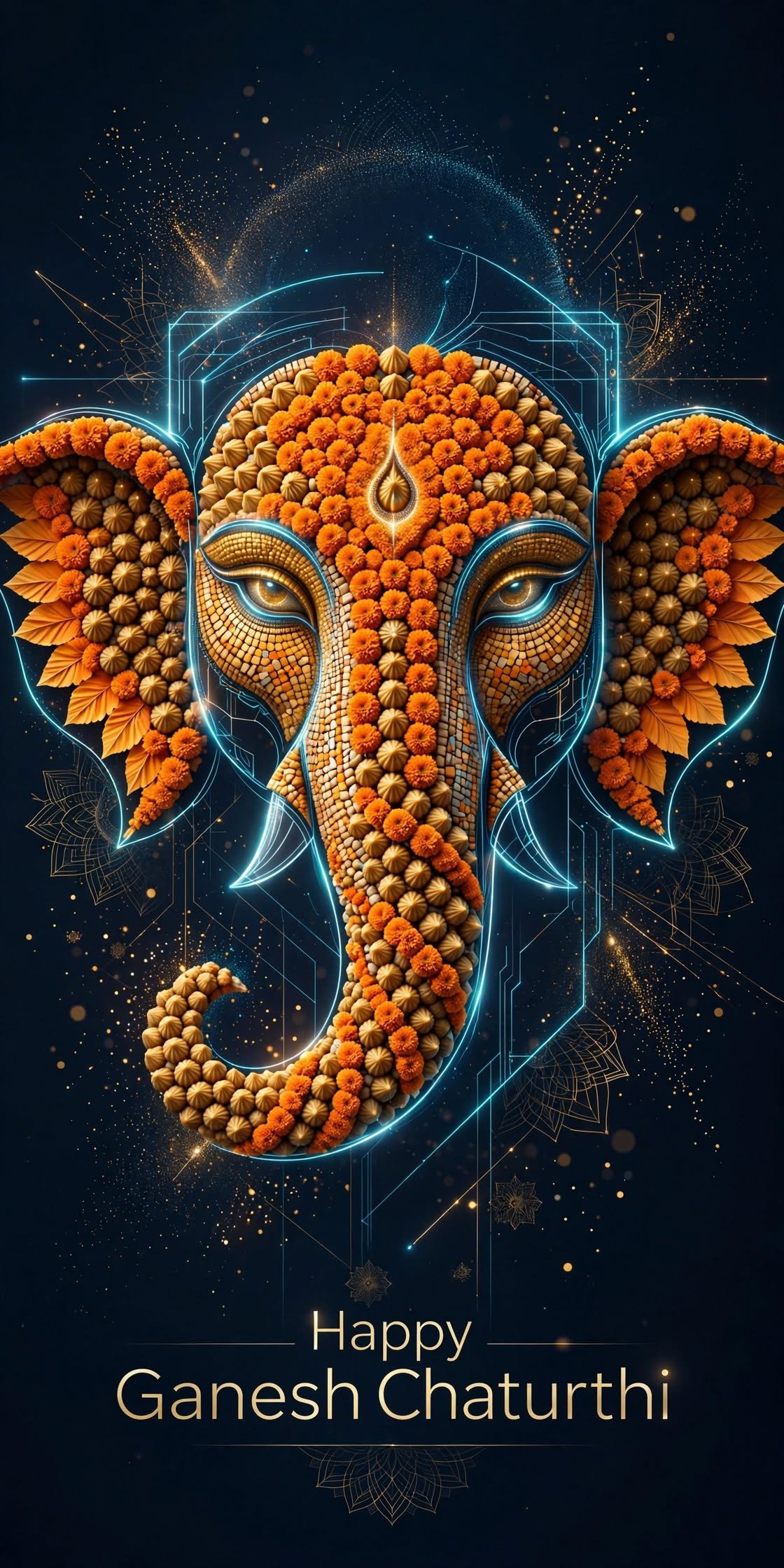 Creative Marigold Ganesha with Modak Mosaic Design and Neon Blue Glow