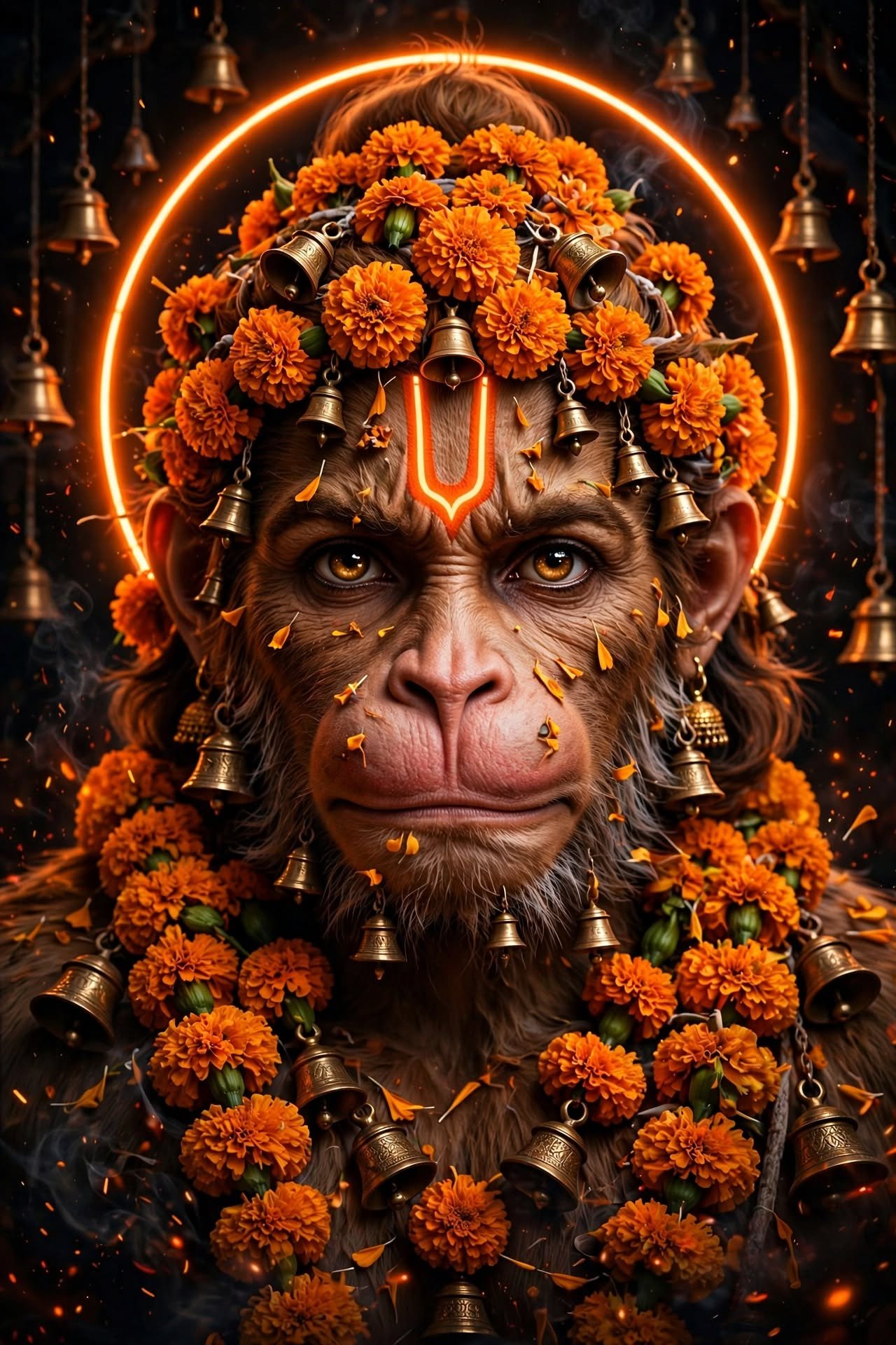 Powerful Lord Hanuman Portrait Adorned with Marigold Flowers and Temple Bells with Glowing Halo