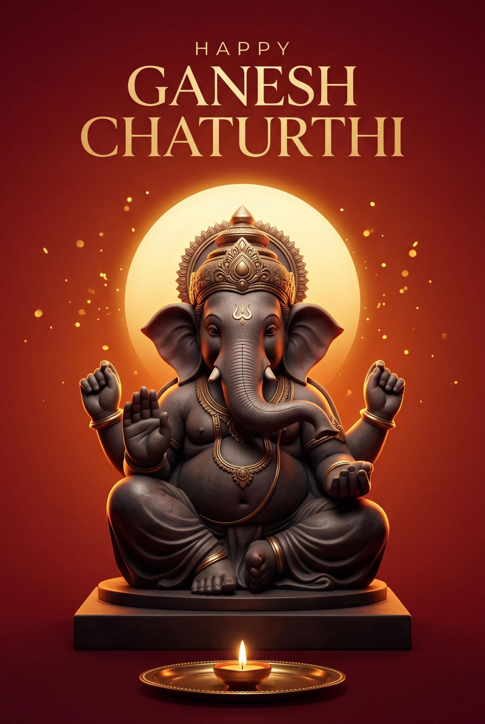 Elegant Lord Ganesha Idol with Golden Halo and Diya on Deep Red Background