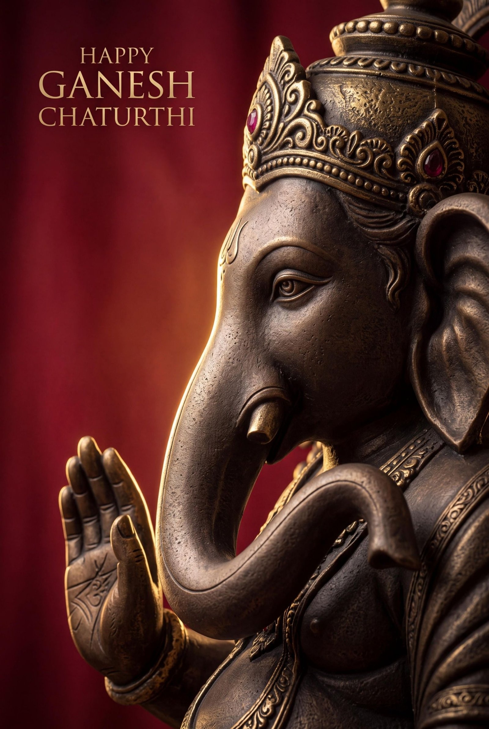 Majestic Lord Ganesha Close-Up with Ornate Crown and Raised Blessing Hand on Rich Crimson Background