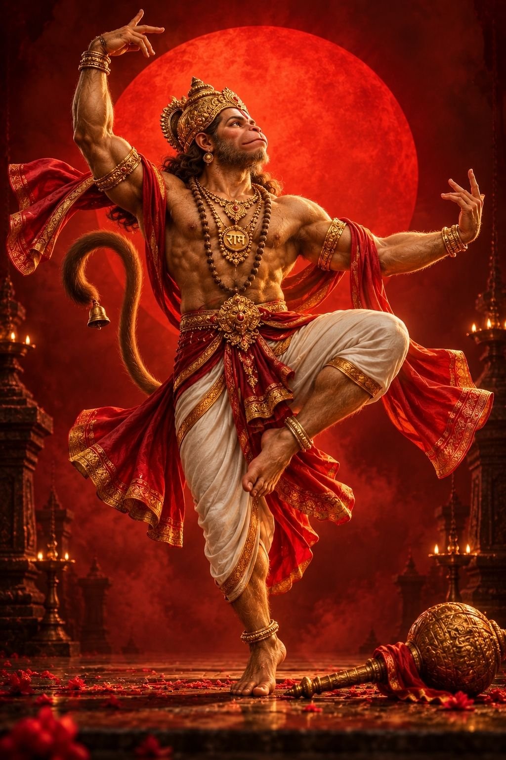 Dynamic Lord Hanuman Performing a Divine Dance Before a Glowing Red Moon in a Temple Setting