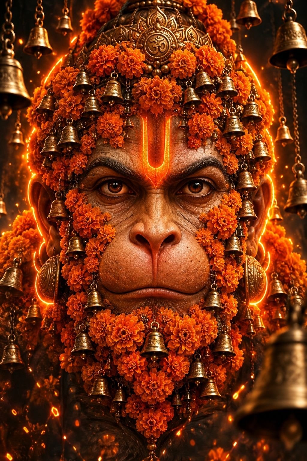Divine Hanuman Face Adorned with Marigold Garlands and Temple Bells in a Radiant Sacred Aura