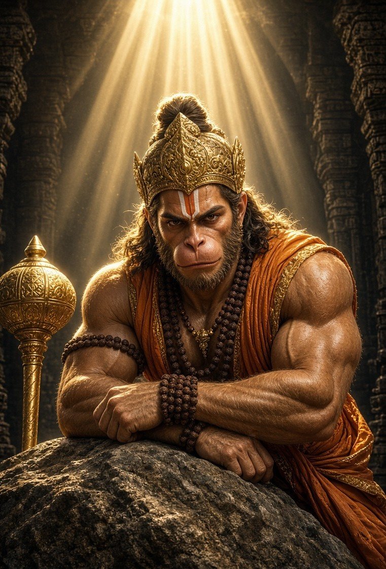 Majestic Lord Hanuman in a Sacred Temple with Golden Divine Light and Ornate Crown
