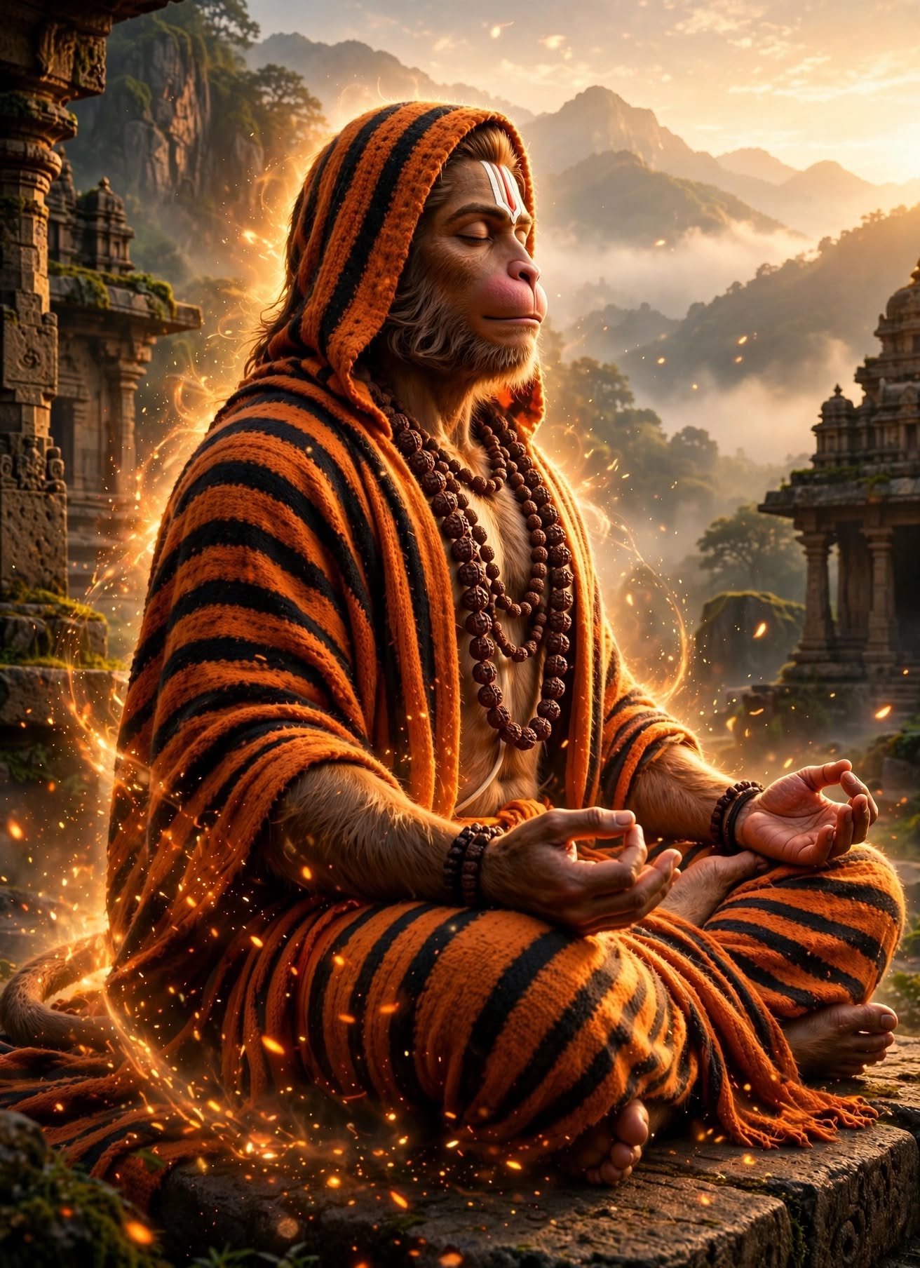 Meditative Hanuman in Sacred Mountain Temple with Saffron Robe and Divine Golden Aura