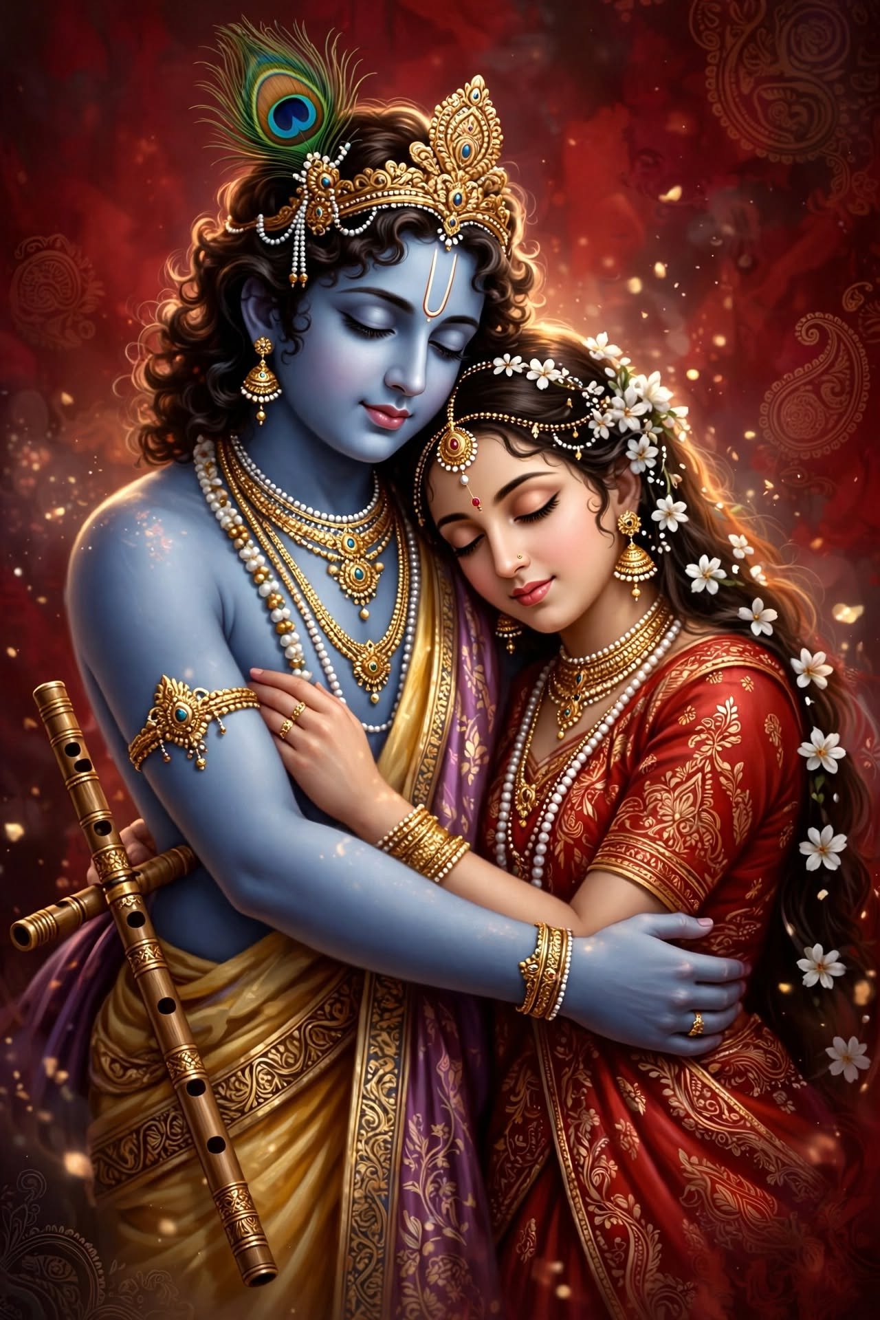 Divine Radha Krishna Embrace with Peacock Feather Crown and Traditional Indian Attire