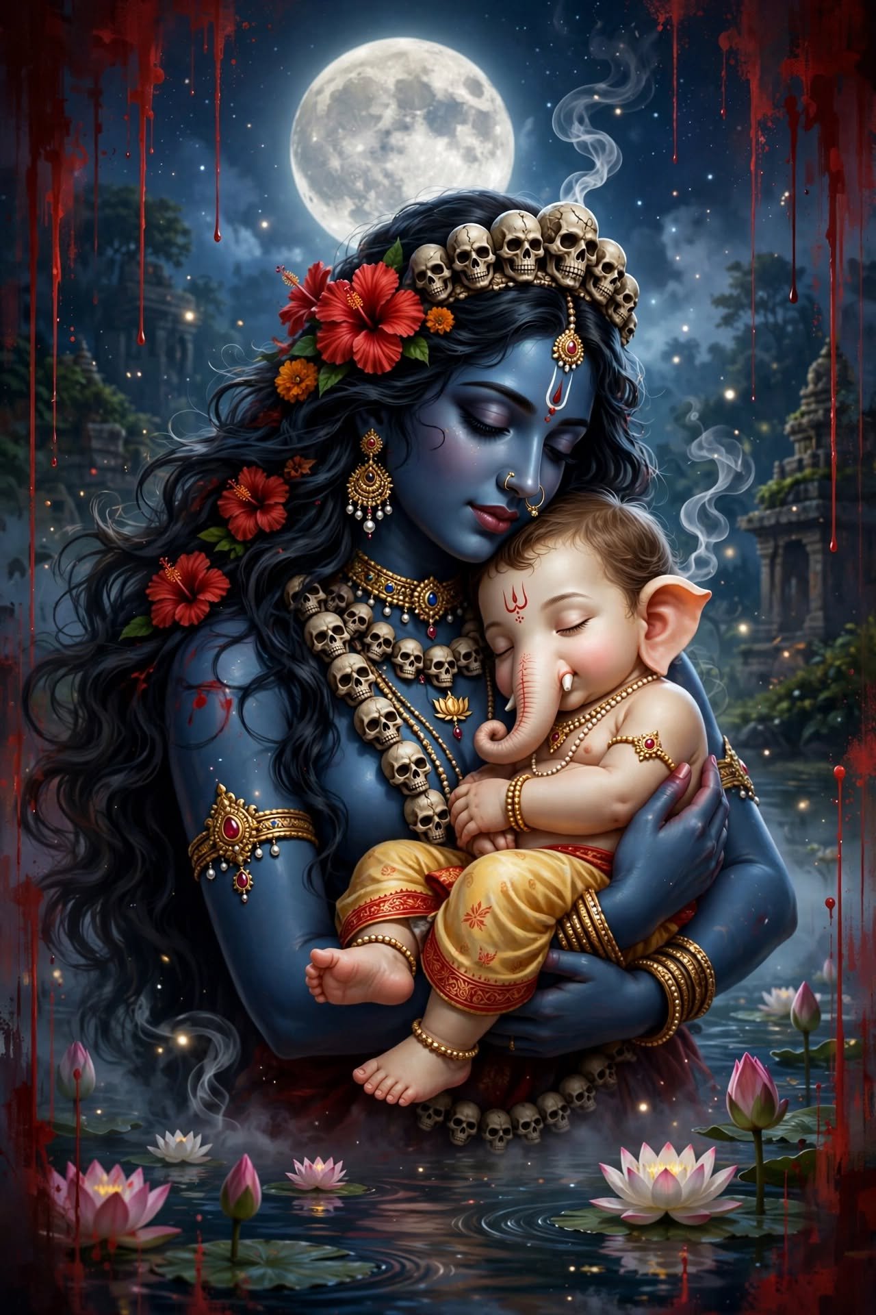 Divine Mother Kali Embracing Ganesha Beneath a Moonlit Sacred Sky