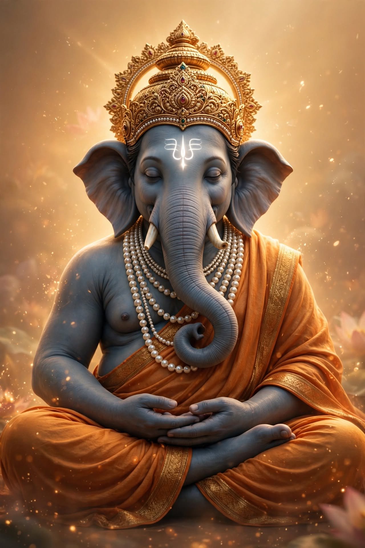 Meditating Lord Ganesha with Golden Crown, Pearl Mala and Radiant Spiritual Aura