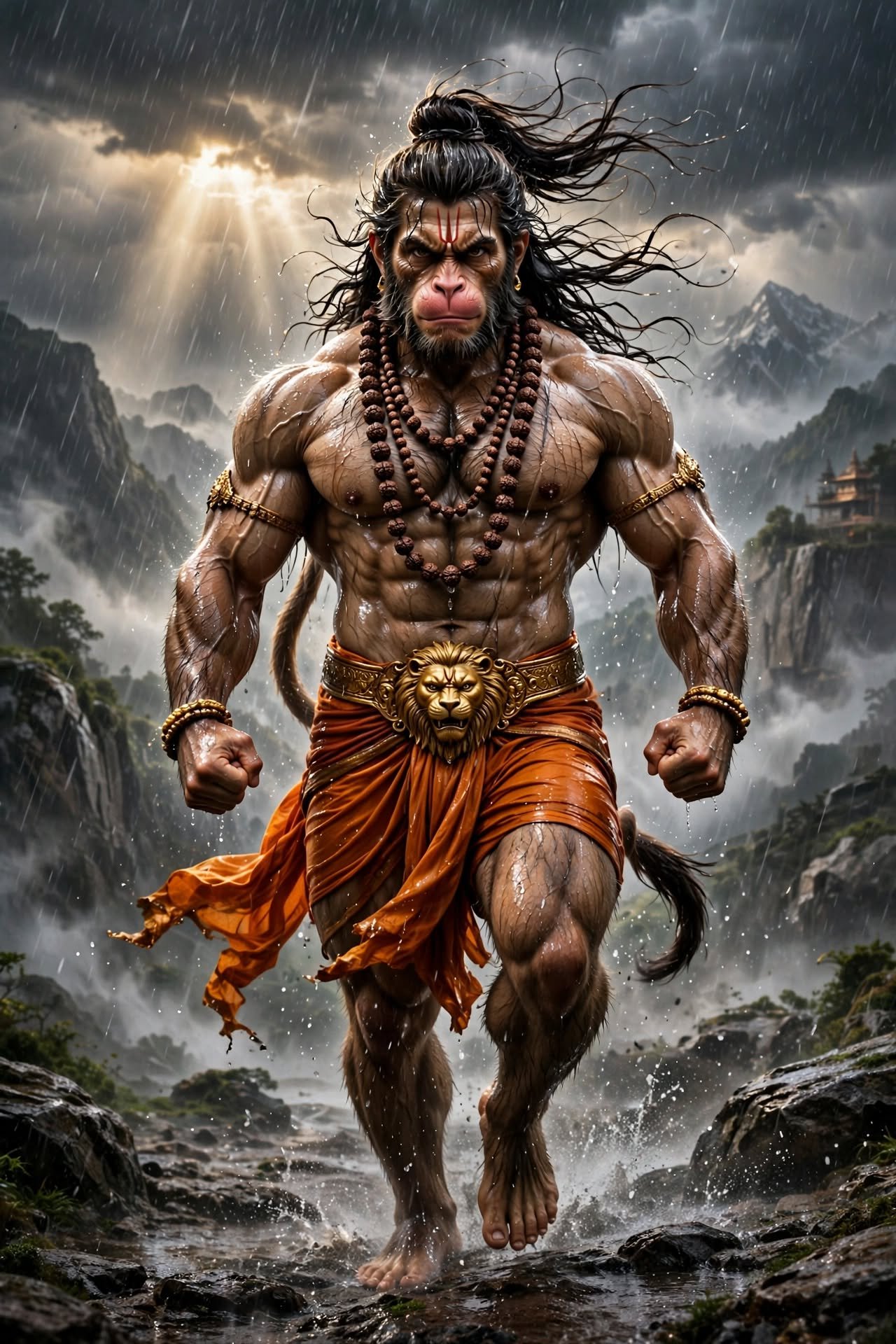 Fierce Lord Hanuman Walking Through a Stormy Mountain Landscape