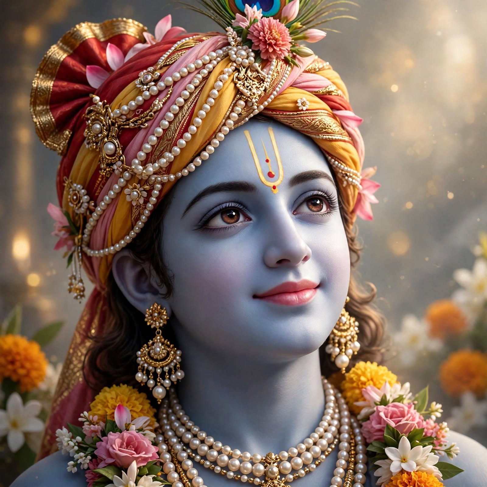 Serene Krishna Portrait with Floral Turban, Pearl Jewelry and Peacock Feather