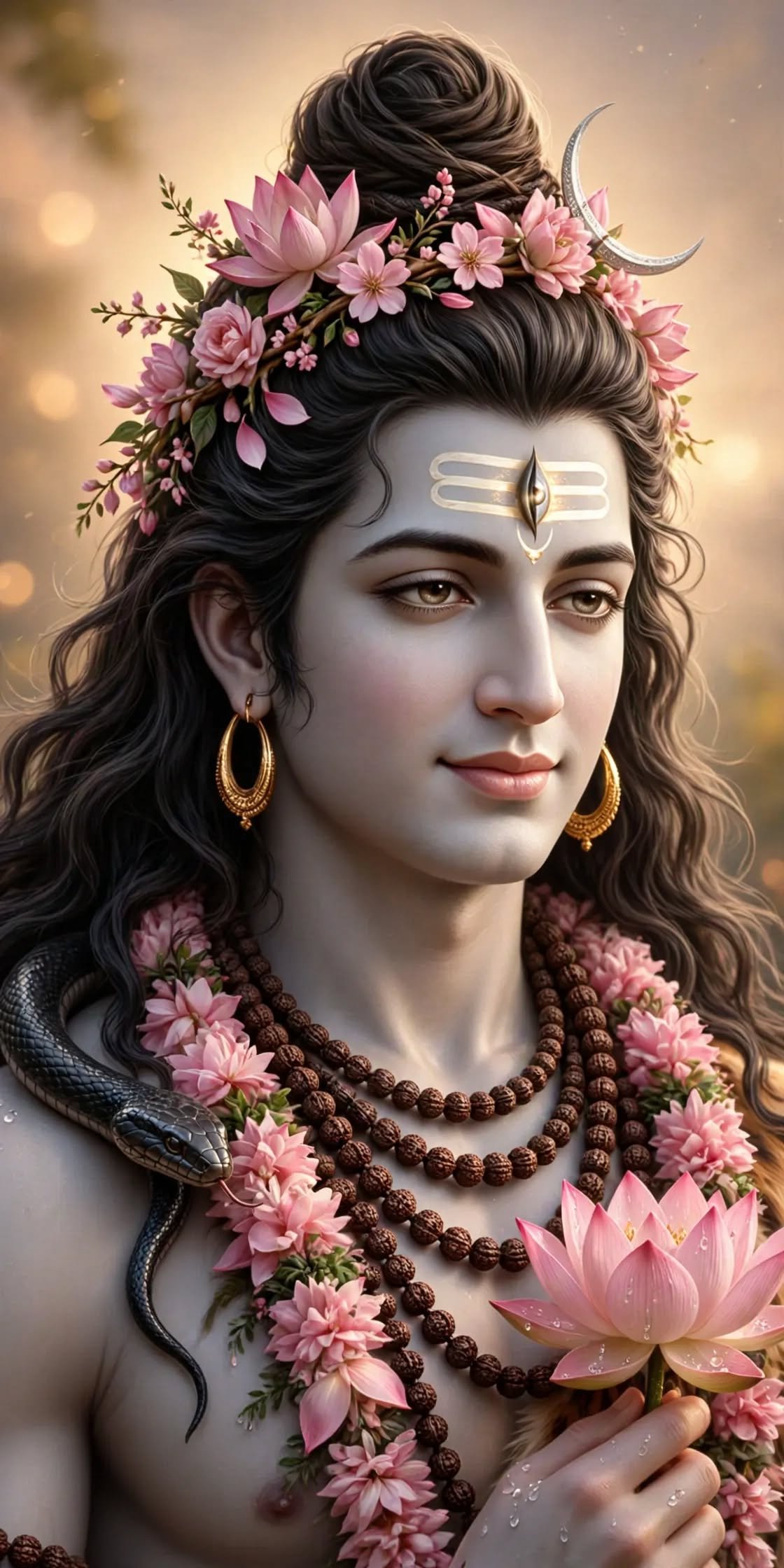 Serene Lord Shiva with Lotus and Blossoms – Divine Mahadev Wallpaper