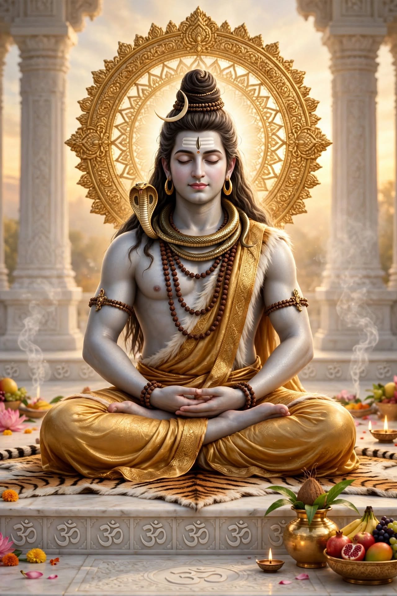 Meditating Lord Shiva in a Golden Temple – Serene Mahadev Devotional Wallpaper