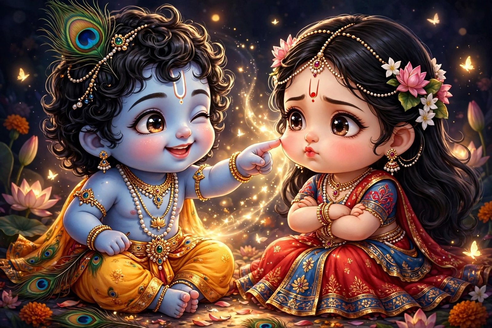 Divine Krishna & Radha in a Magical Garden – Eternal Love & Devotion