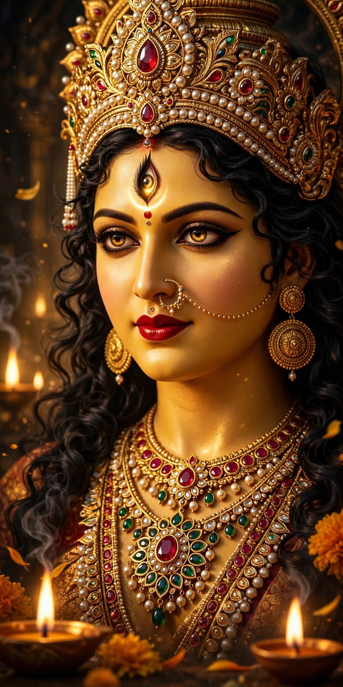 Golden Goddess Radiance — A Divine Portrait Framed by Sacred Diya Light