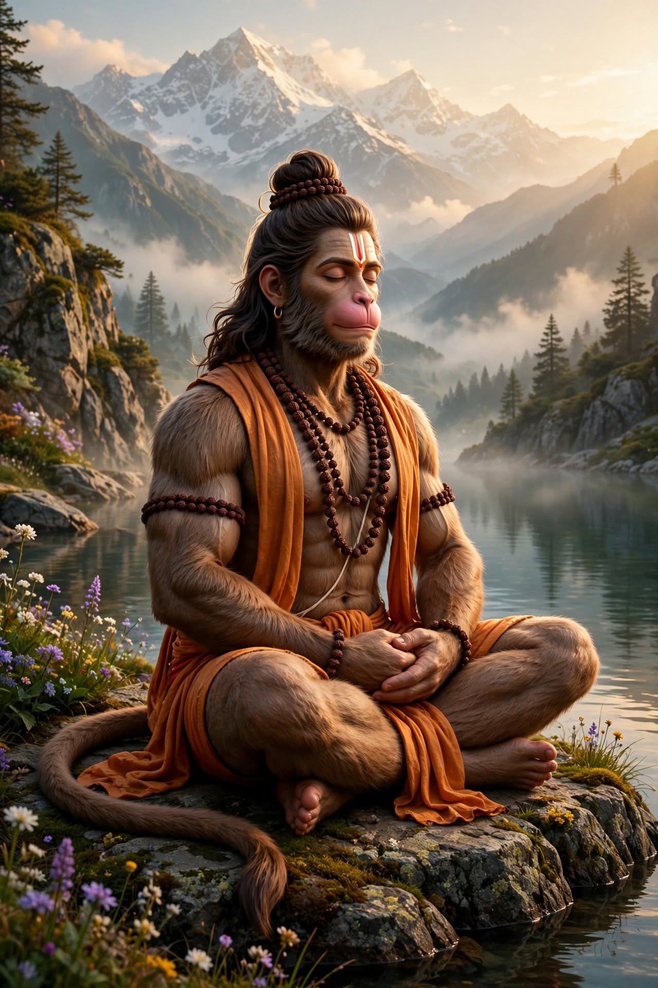 Hanuman in Himalayan Stillness — A Sacred Moment of Peace Beside the Mountain Lake
