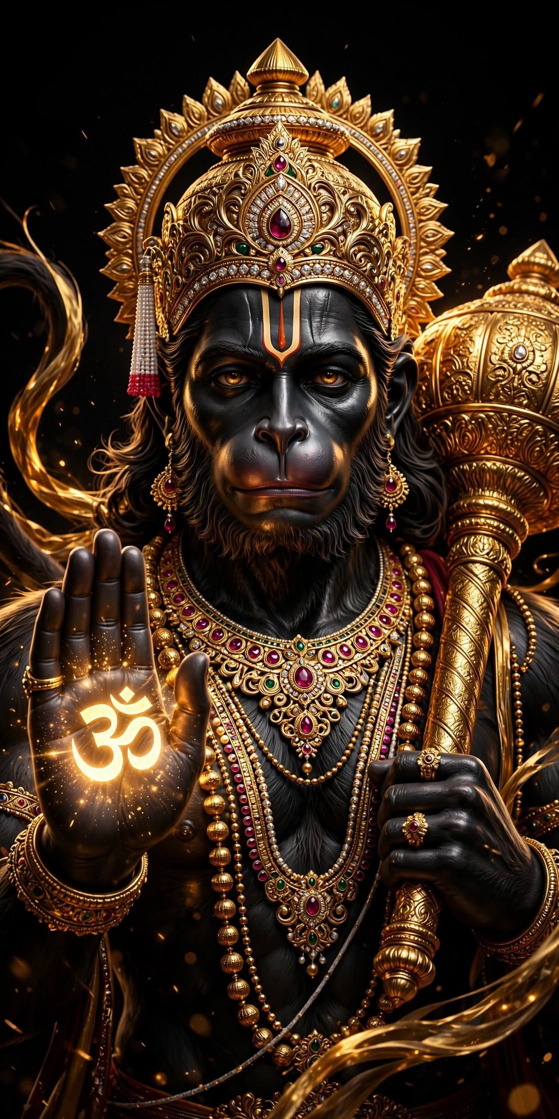 Majestic Lord Hanuman with Golden Crown and Sacred Om Blessing