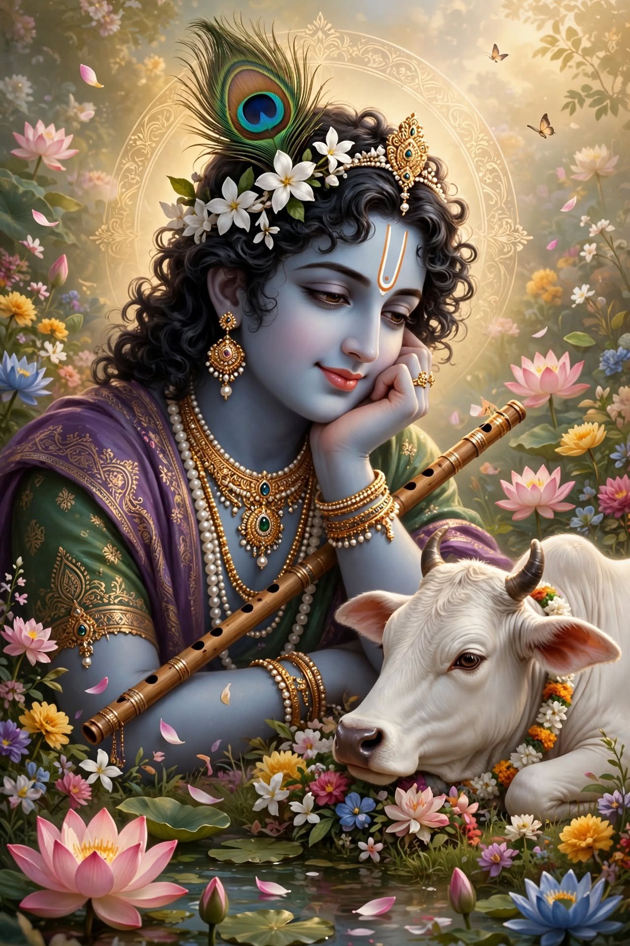 Krishna in a Dreamlike Lotus Garden with Flute and Peacock Feather