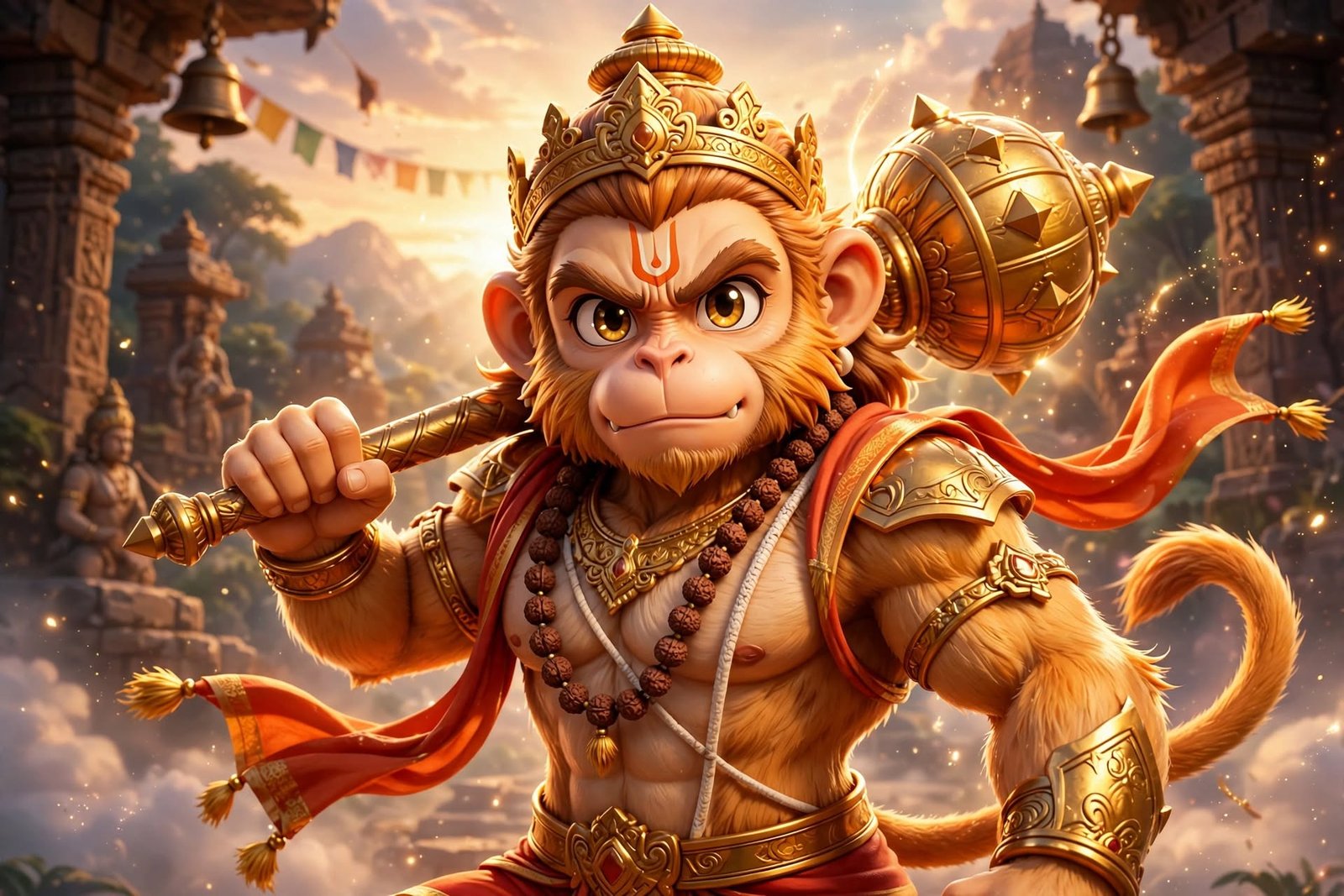 Golden Hanuman in the Temple Glow of Divine Courage