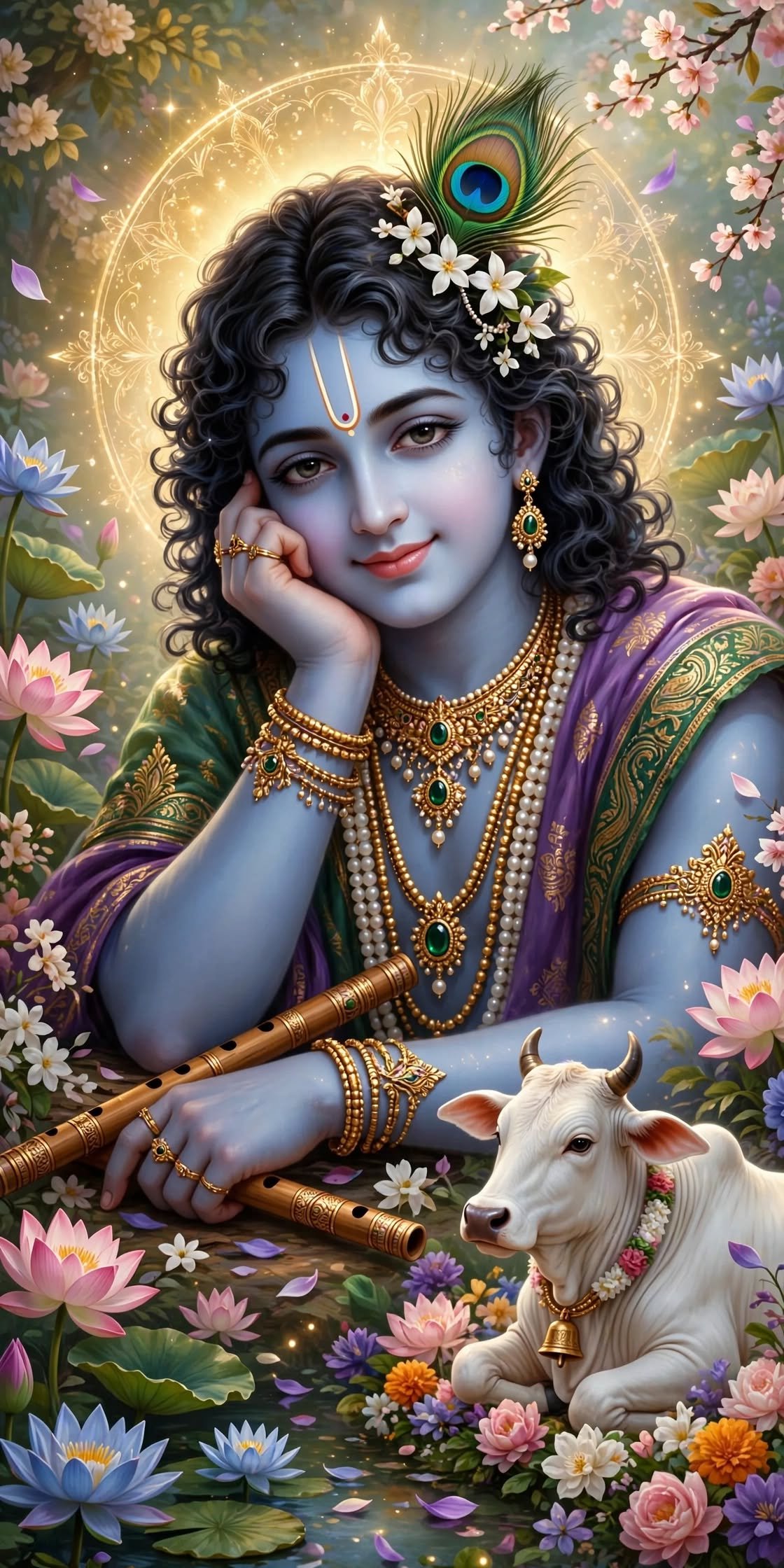Krishna in a Garden of Lotuses – A Serene Portrait of Divine Beauty