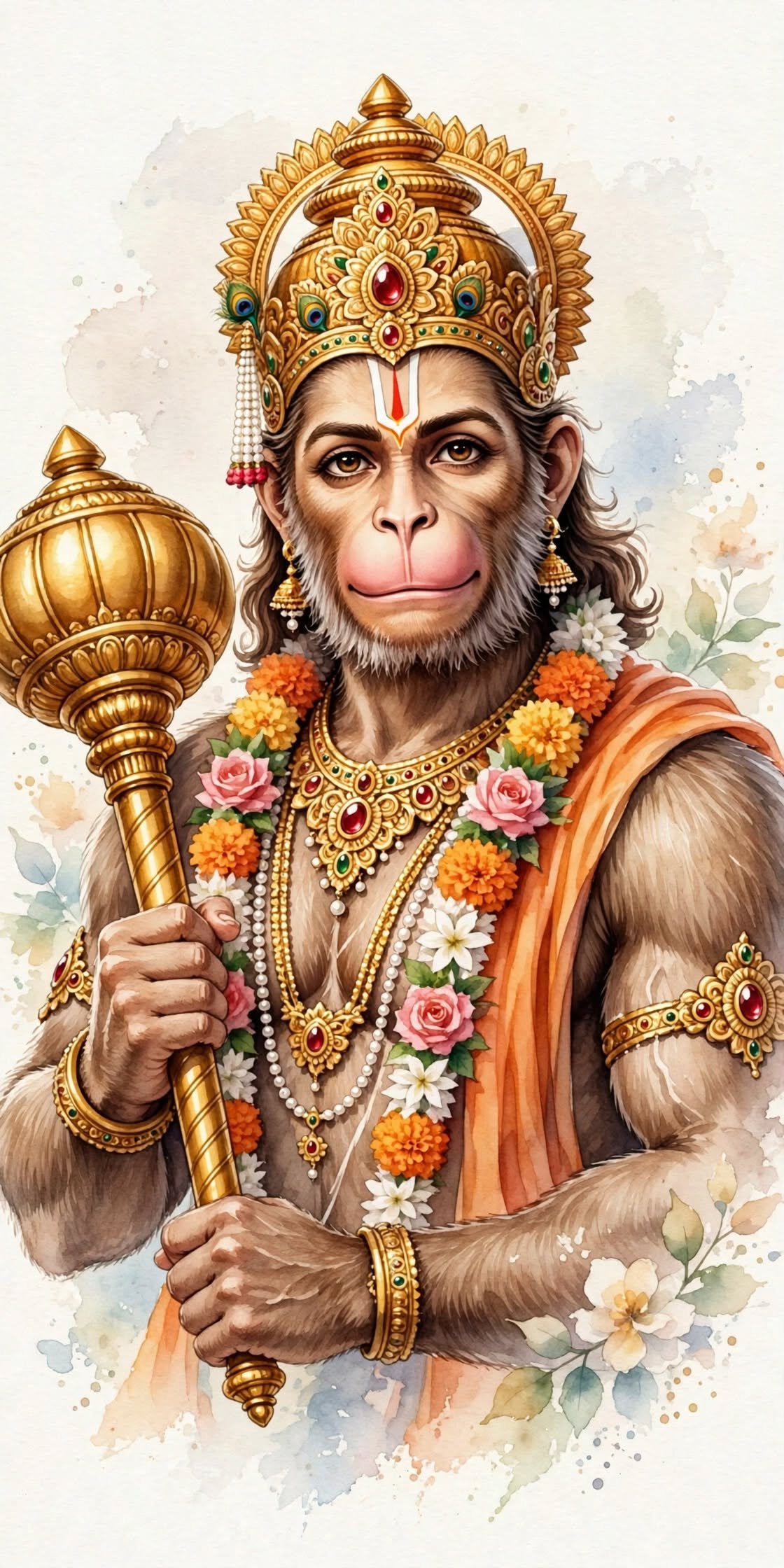 Hanuman with the Golden Mace – A Watercolor Portrait of Devotion and Strength