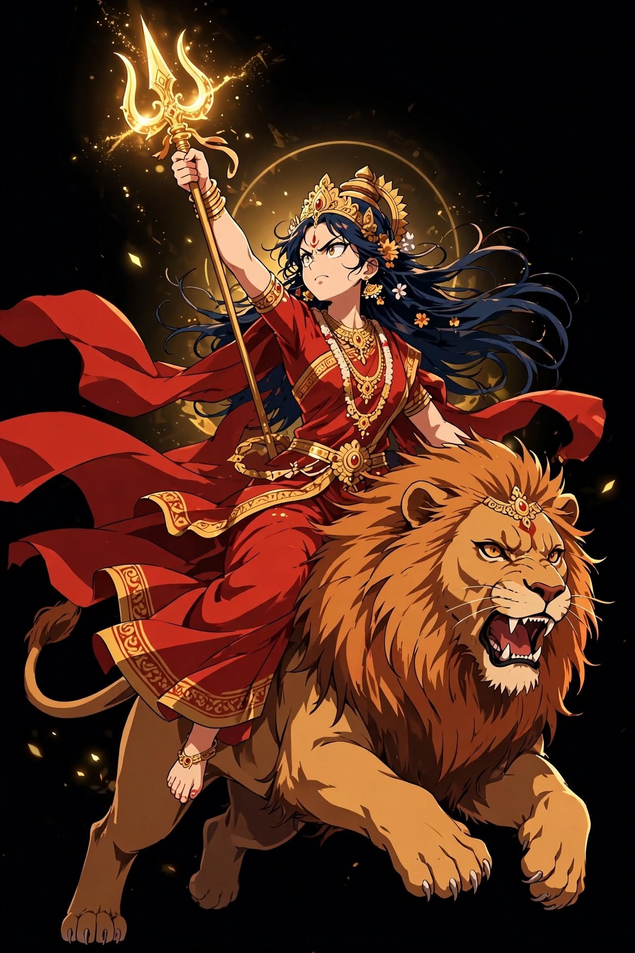 Radiant Durga Riding the Lion – Anime-Inspired Divine Power